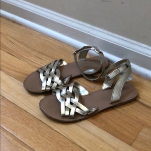Gold, leather sandals with ankle strap